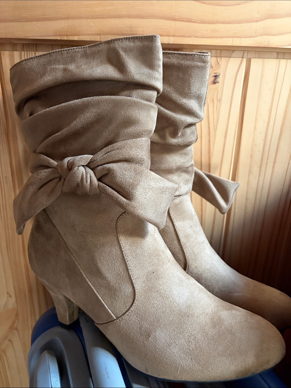 Midnight Velvet Tan Suede Knot-Accent Ankle Boots